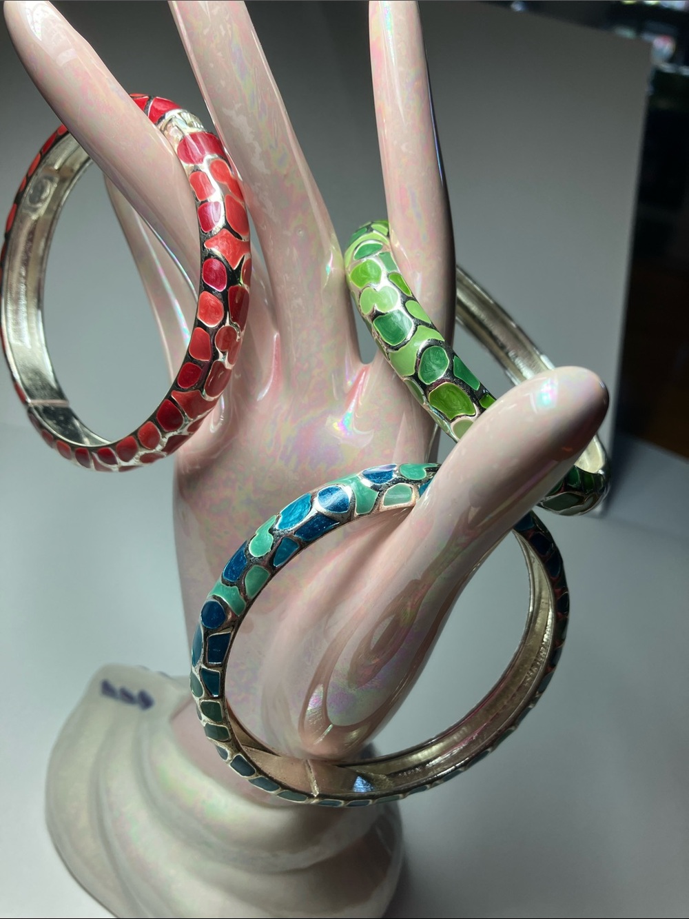 Colorful Set if 3  Enamel Vintage Closonne Bangles in Coral, Green, Blue